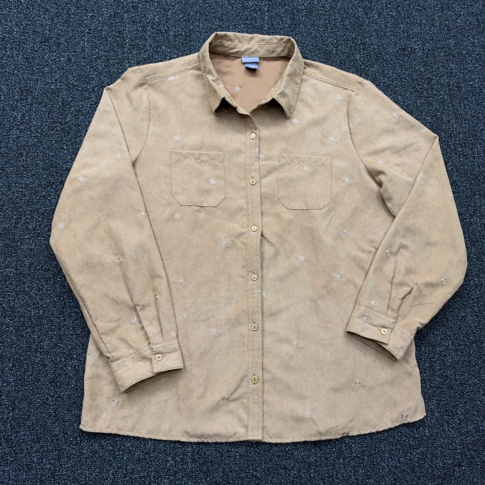 Laura Scott Embroidered Faux Suede Button Down Shirt Womens L Tan cottagecore